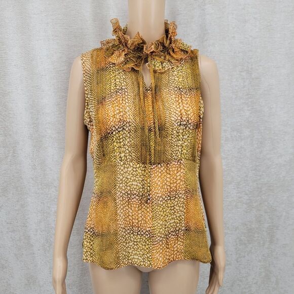 Silk Ruffled Sleeveless Top in Abstract Animal Print Pleated - Picture 1 of 13
